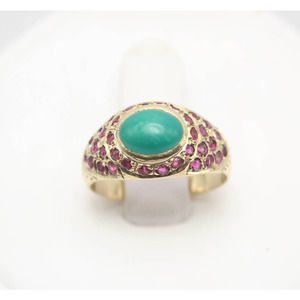 14K Yellow Gold Women's  Ring With Rubies and Green Synthetic Stone